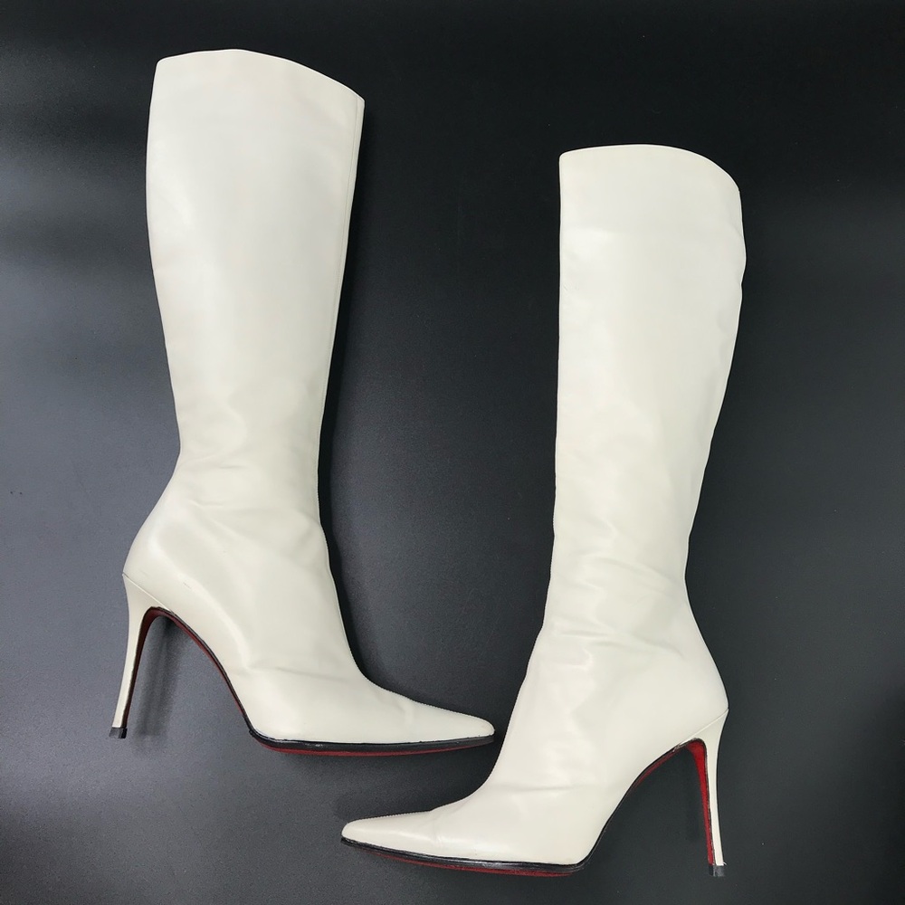 Christian Louboutin White Bone Color Knee-High Stiletto Boots Size 36.5
